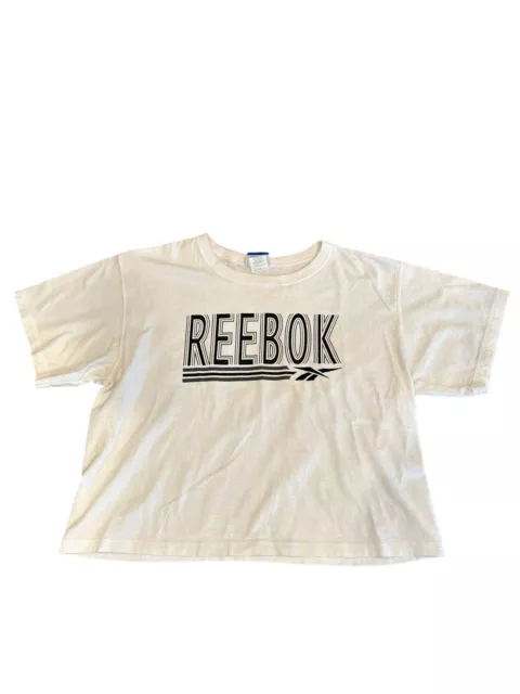 Vintage 90s Reebok Womens Large Spell Out Cropped Fit T-Shirt White USA MADE