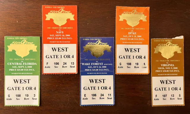 Georgia Tech Yellow Jackets Football Ticket Stubs 2000 Season Five Games Vintage