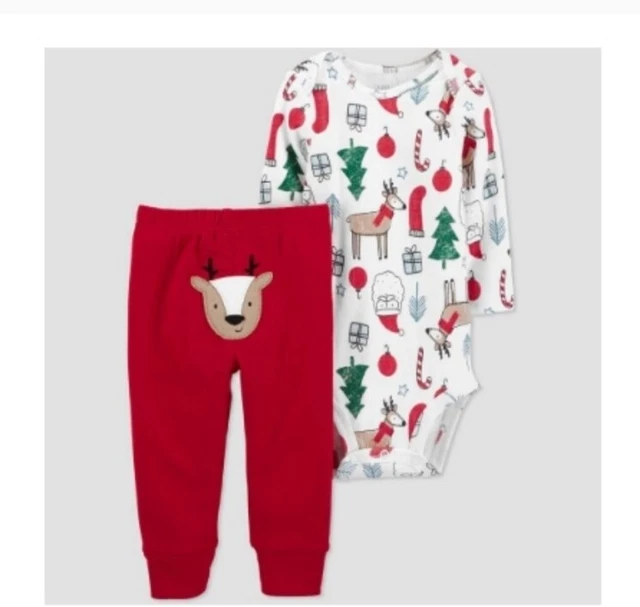 Carter's 2 Piece Santa Reindeer Christmas Holiday Print Outfit Size 3  Months
