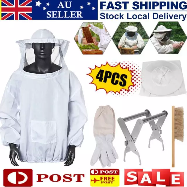 Beekeeping Veil Suit Smock+Gloves+Hive KIT Equipment Frame Holder+Bee Brush Tool