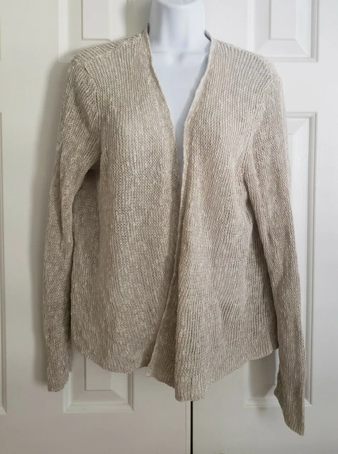 Eileen Fisher Organic Linen Cotton open knit beige oatmeal cardigan L wrap