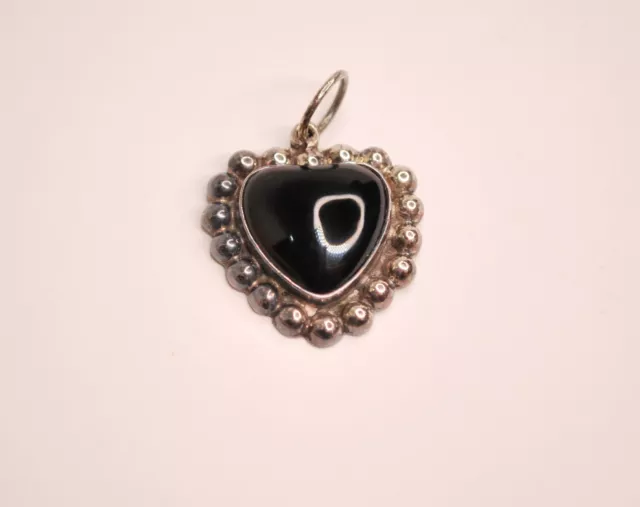 Vintage Sterling Taxco Onyx Heart  Pendant, Charm TA-161 Mexico 925