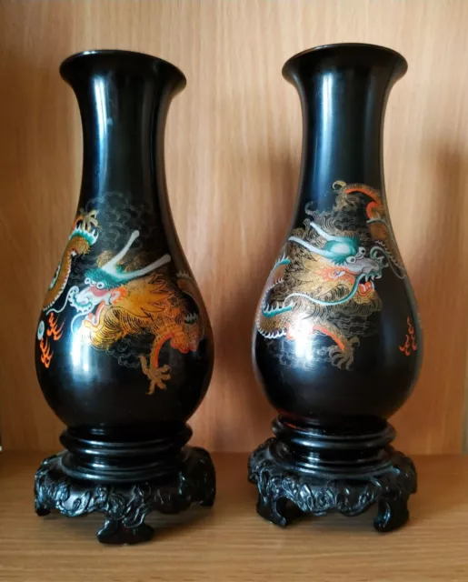 1958 Two Antique China Vase Wooden Lacquer Hand Painted Dragon Vintage