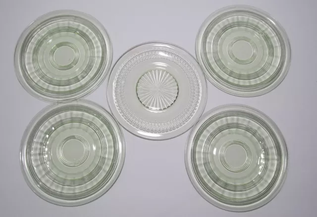 Set of 4 Vintage Uranium Green Depression Glass 6" Plates Banded Rings + Bonus