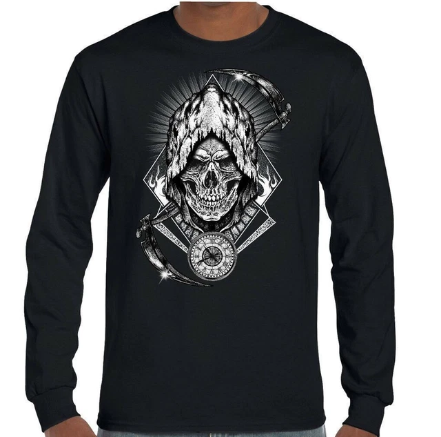 Grim Reaper Uomo Teschio T-Shirt Biker Tattoo Heavy Metal Musica Chitarra Moto E