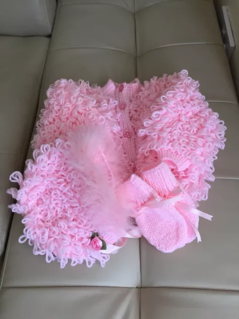 Hand knitted baby girls loopy cardigan Hat And Mittens In Pink Size 0-6 Mths