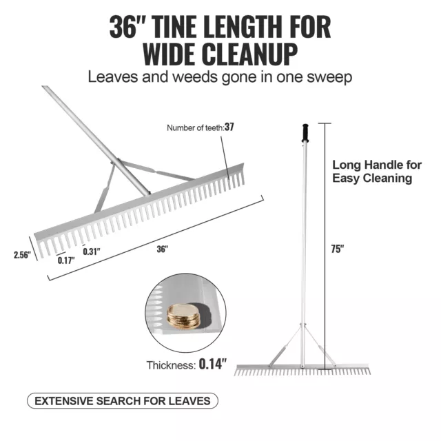 VEVOR Râteau de Jardin Paysager en Aluminium Tête 915 mm Manche Réglable 1905 mm 3