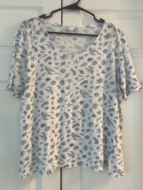 J. Jill Women’s 100% Linen Short Sleeve Beach Sea Shells Top Shirt Blouse Sz L