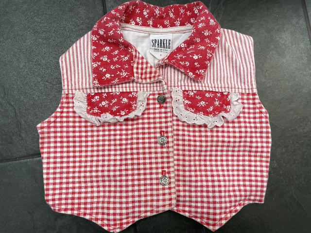 Vintage USA made western vest shirt red white cropped gingham floral cotton