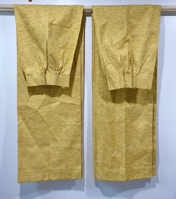 Vintage MCM Curtains Pleated Textured Yellow Gold Faux Linen Mid Century