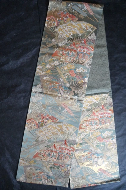Japanese Kimono OBI FUKURO Silk Woven Vintage Woman Belt Sash Gold Cranes Fan