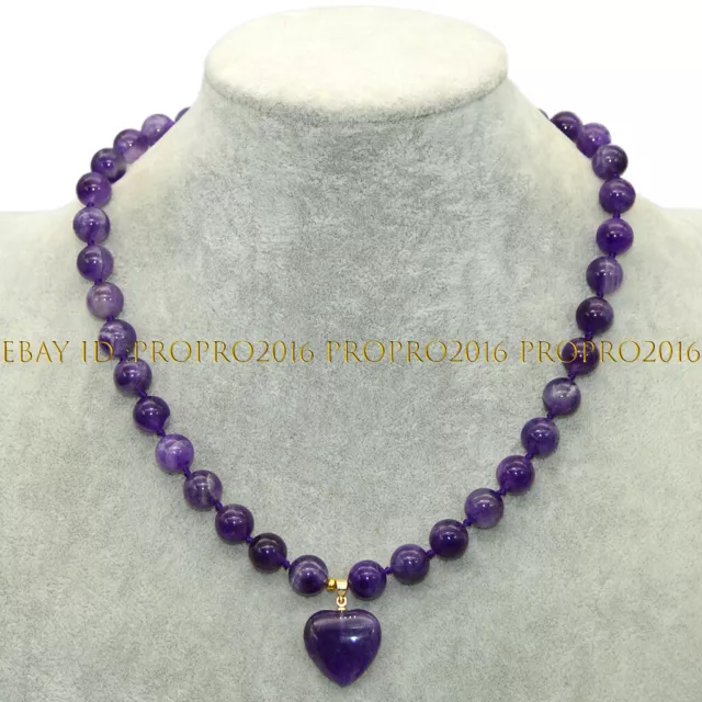 Natural Purple Amethyst Round Beaded 6/8/10/12mm Heart-shaped Pendant Necklace