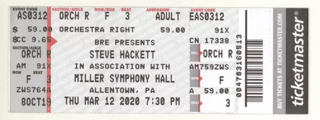 Steve Hackett 3/12/20 Allentown PA Miller Symphony Hall Full Ticket! Genesis