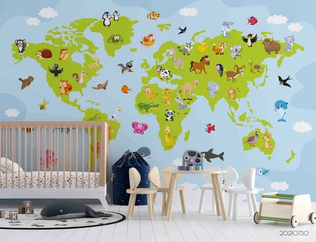 3D ANIMAL WORLD Map Kids Self-adhesive Removable Wallpaper Murals Wall ...