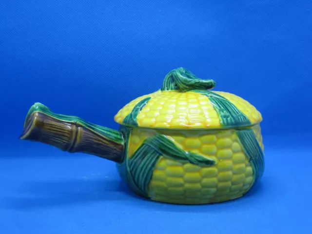 Vintage Majolica Corn Covered Soup Bowl Dish With Handle