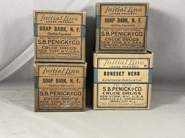 4 1920’s Antique Initial Line Herb Apothecary Lot S.B. Penick & Co. Crude Drugs