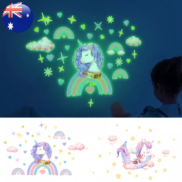 Rainbow Unicorn Glow In The Dark Stars Wall Heart Stickers Kids Room DIY Decor D