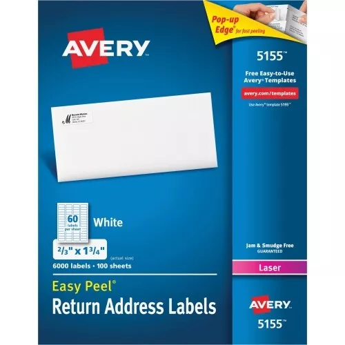 Avery Easy Peel Address Labels for Laser Printer, 2/3 x 1-3/4, White, 6000/Pack