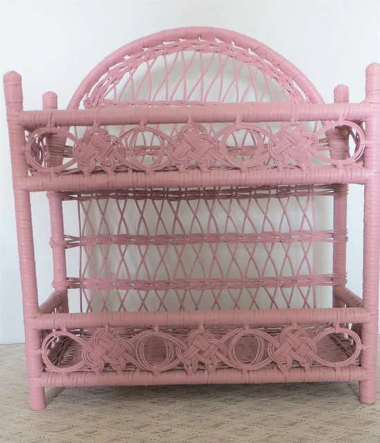 VTG Pink Cottage Free Standing Rattan Wicker Wall Shelf Bathroom shabby chic