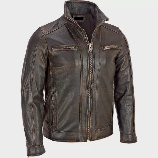 Men's Vintage Black Biker Retro Faded Cowhide Motorcycle Leather Jacket