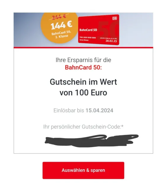 DB Bahncard 50 Gutschein über 100€