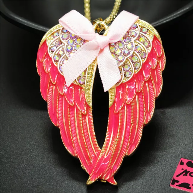 New Betsey Johnson Pink Enamel Cute Bow Wings Crystal Pendant Chain Necklace