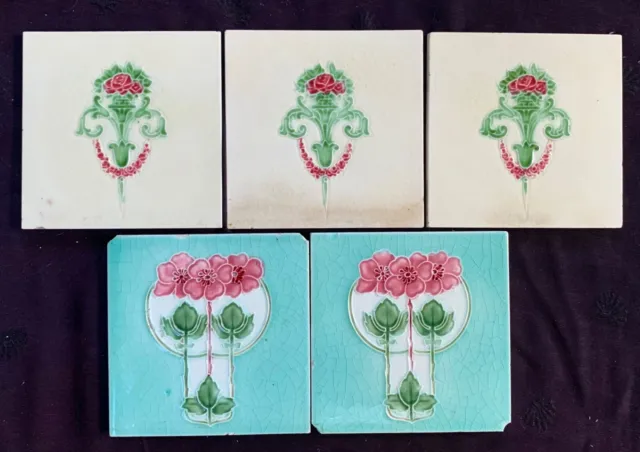 5 antique English Art Nouveau tiles 2 T & R Boote, 3 unknown mfg, all tubelined 6