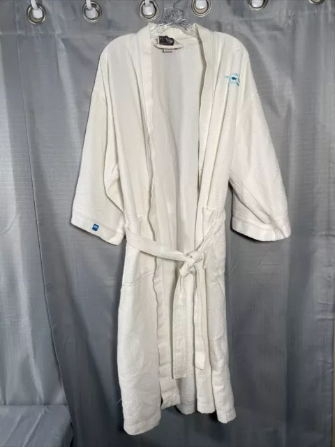 Boca Terry Robe Mens OS Waffle Embroidered Fish Knit Spa Long White Blue  Cotton
