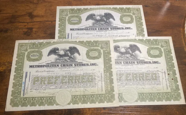 3 Lot Stock Certificate Vintage 1927 1928 1931 Chain Stores