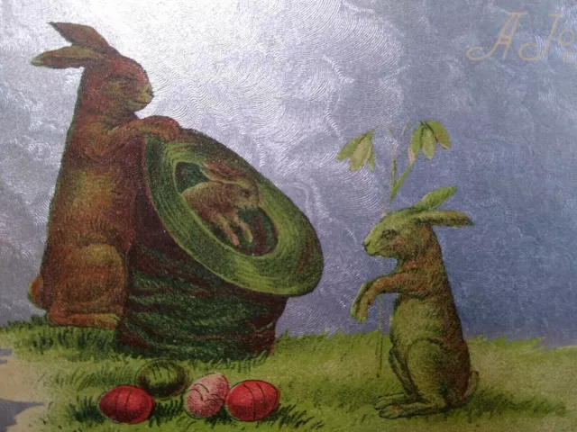 Easter Postcard Vintage Fantasy Rabbits Bunny Inside Magicians Hat Silver Linen