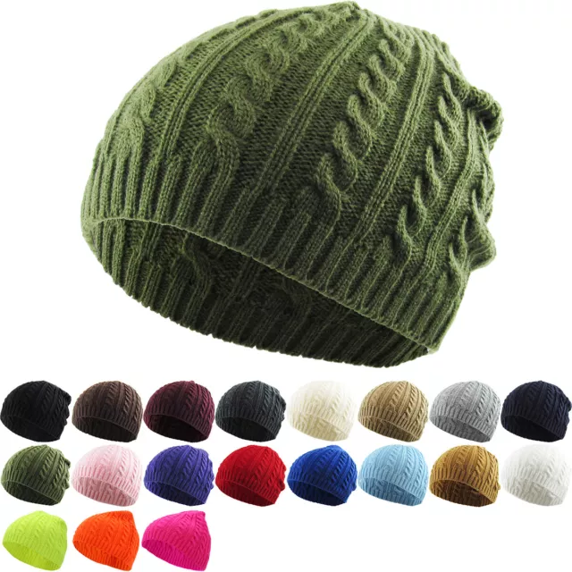 Cable Knit Beanie Solid Cuffless Trendy Stretchy Winter Hat Ski Cap