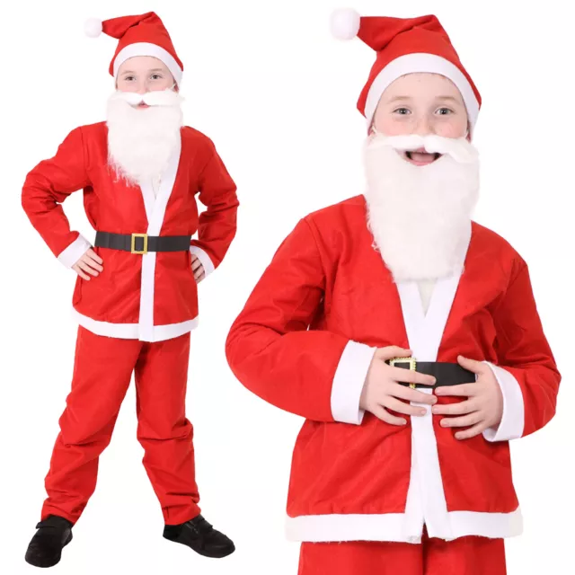 Childs Santa Costume & Beard Kids Father Christmas Suit Unisex Xmas Fancy Dress