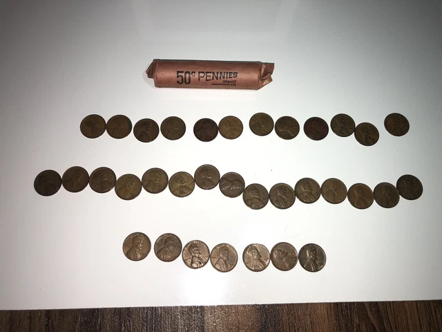 Lot of 34 Wheat Cent Pennies Random Unsearched 1930-1958 With Mystery Roll