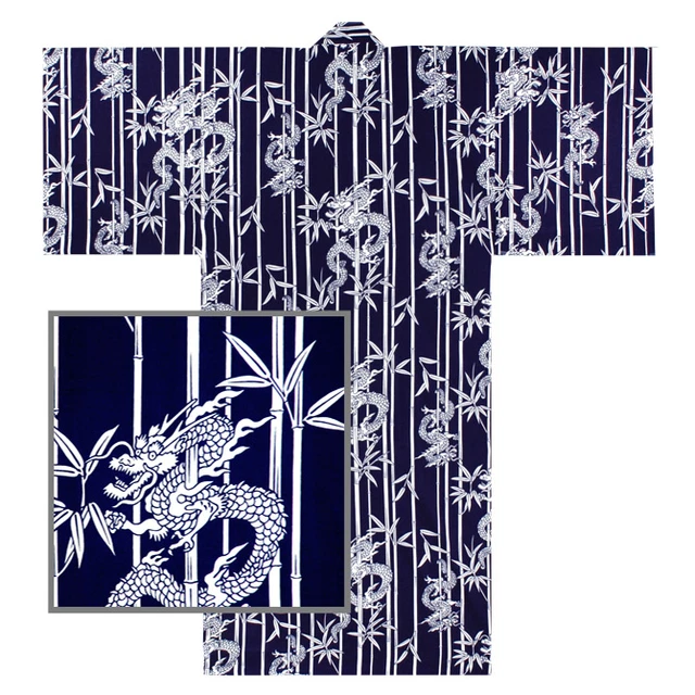 Japanese Yukata Kimono Sash Robe 61" Cotton RYU Dragon Bamboo Made in Japan