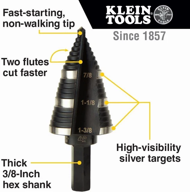 Klein Tools KTSB15 Step Drill Bit #15 Double Fluted 7/8 to 1-3/8-Inch, Black 2