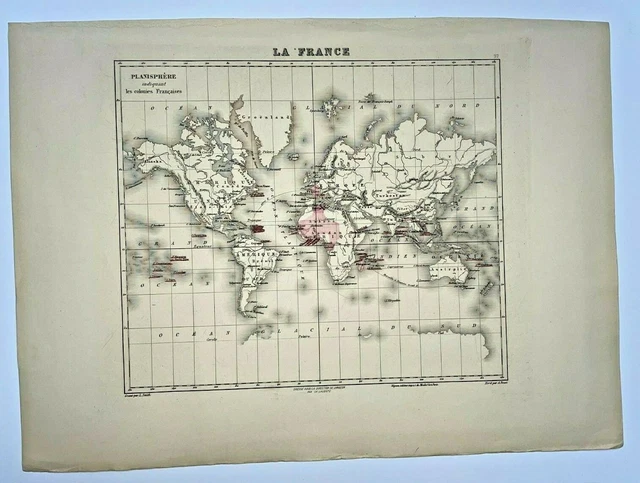 PLANISPHERE FRENCH COLONIES 1880 ANTIQUE ENGRAVED MAP by L. SMITH 19TH CENTURY