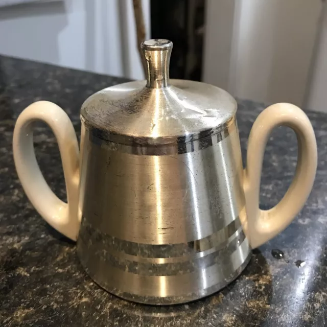 Vintage  Western Germany Porcelain Metal Covered sugar Bowl silver plated Rare 2