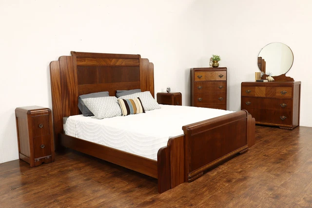 Art Deco Waterfall Design Vintage 5 Pc. Bedroom Set King Size Bed #42157