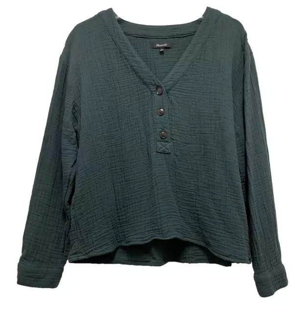 MADEWELL Shirt - Green Cotton Gauze Long Sleeve 1/2 Button Pullover, Large