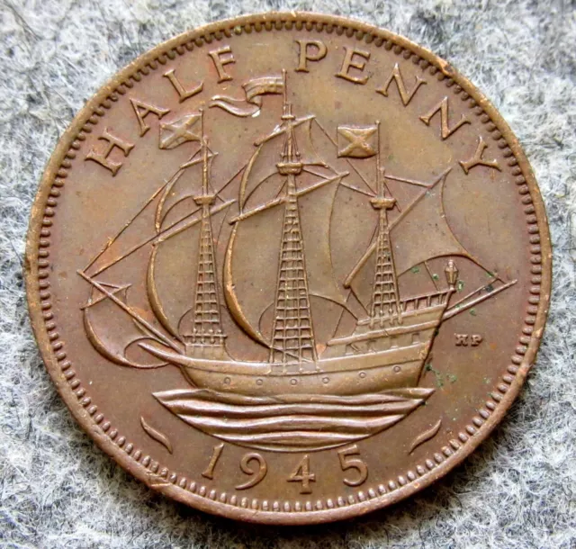 Great Britain George Vi 1945 Half 1/2 Penny, Golden Hind Sailing Ship, Bronze