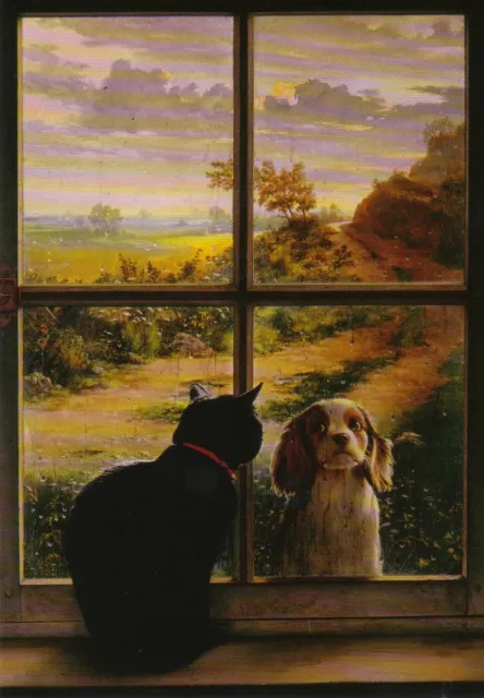 Grußkarte: Richard Gautier: Ein Hundewetter - Katze und Hund am Fenster, 1988