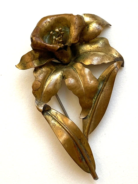 💎 Ancienne Broche En Porcelaine épaisse Et Laiton - Fleurs émaillées En Relief - Vintage