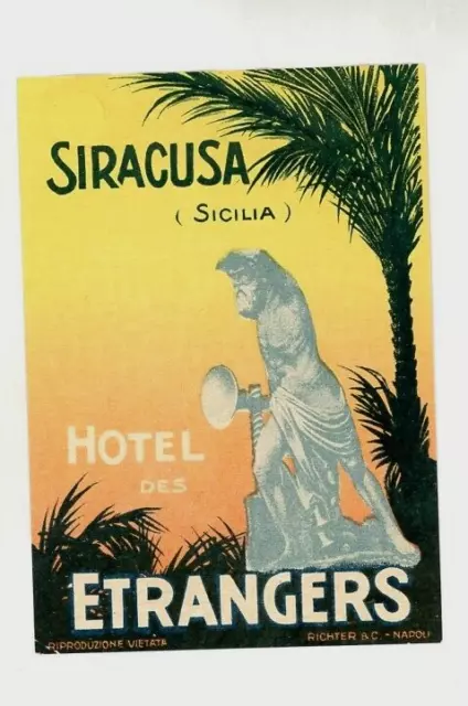 1920-30s Hotel Des Etrangers Luggage Label Siracusa Sicilia Italy Vtg Richter