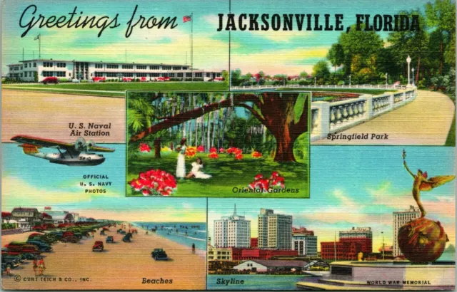 Vtg Linen Postcard Greetings From Jacksonville Flrorida Multi View Unused
