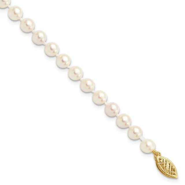 Real 14K Yellow Gold 5-6mm Round White Saltwater Akoya Cultured Pearl Bracelet