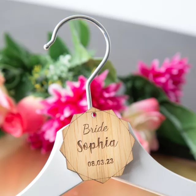 Personalised Wooden Wedding Hanger Tags Heart Laser Engraved Coat Bride Dress