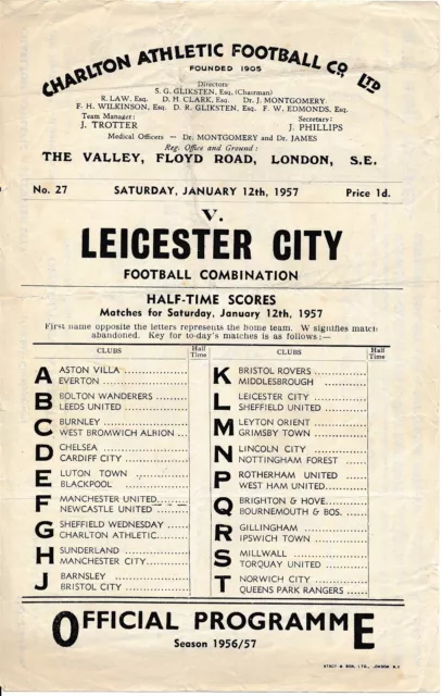 Charlton Athletic Reserves v Leicester City (Combination) 1956/1957
