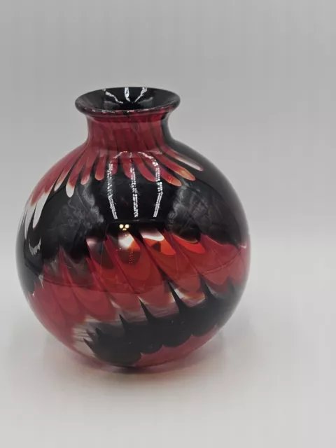 Beautiful Hand Blown Glass Vase Bulb Red Black And Clear Art 9 Inch Tall