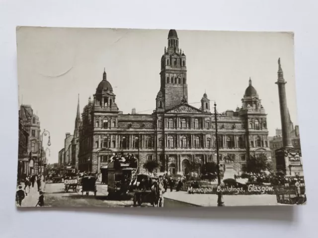 Municipal Buildings and Tram, Horses, Glasgow, Scotland, Old Postcard 1920s