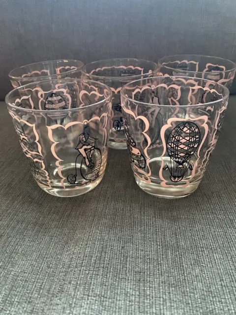 Set of 5 Rare Vintage Antique Classic American Cars, Cycle Pink Tumbler Glasses